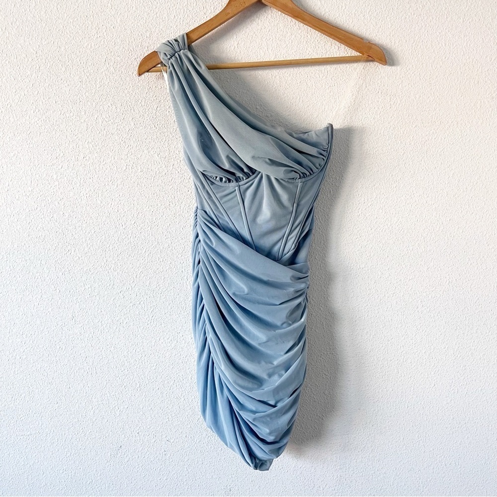 House of CB Clementine Baby Blue Cut Out Bodycon Ruched Cocktail Mini Dress - Picture 3 of 11